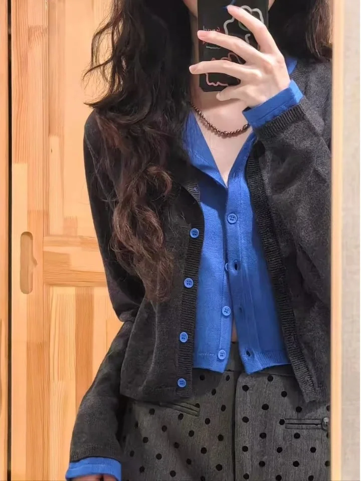 Soft Color Block Fake Two-Piece Knitwear Women's Short Sleeve Long Sleeve Vintage Style Casual Sweater Cardigan Autumn Top