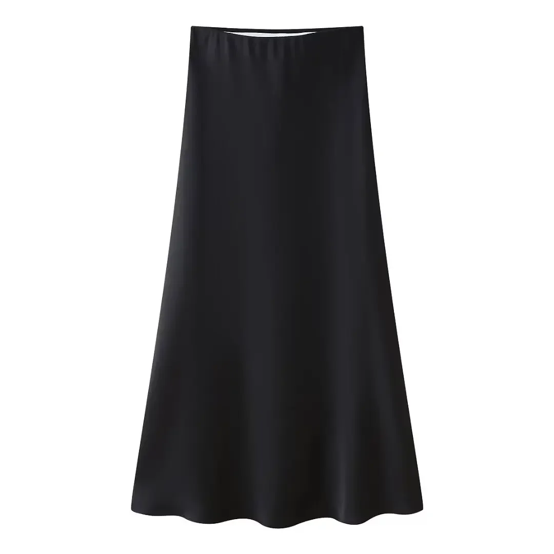 Women 2024 New Chic Fashion Silk texture Midi Skirt Vintage High Waist after Zipper Female Skirts Mujer