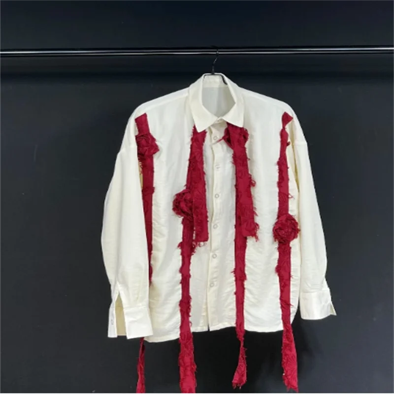 

【custom】Original cotton and linen patchwork red hand-cut shirt Pinched rose vintage men's shirt