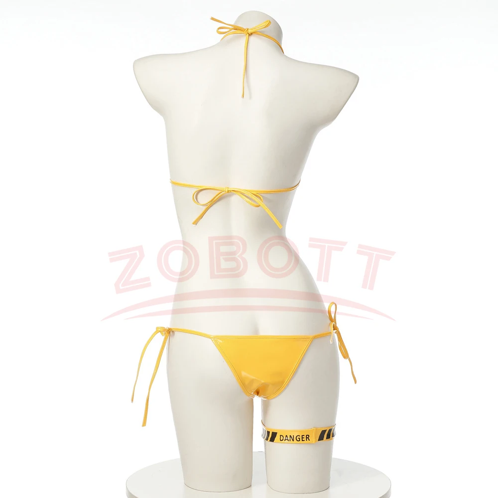 Anime Cyberpunk Danger Warning Yellow Bikini Swimsuit Women Anime Game Three Point Leather Underwear Set Costume Cosplay view 4