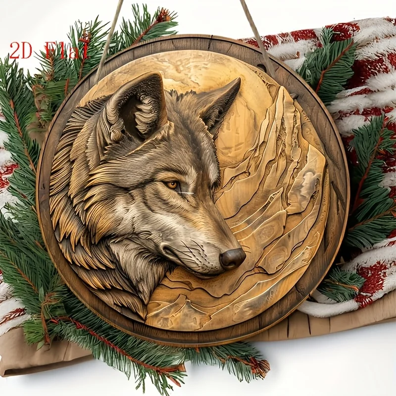 2D Flat, Rustic Wolf Wooden Wall Art - 2D Flat Golden-toned Decorative Sign with Intricate Carvings, Perfect for Home, Office, B