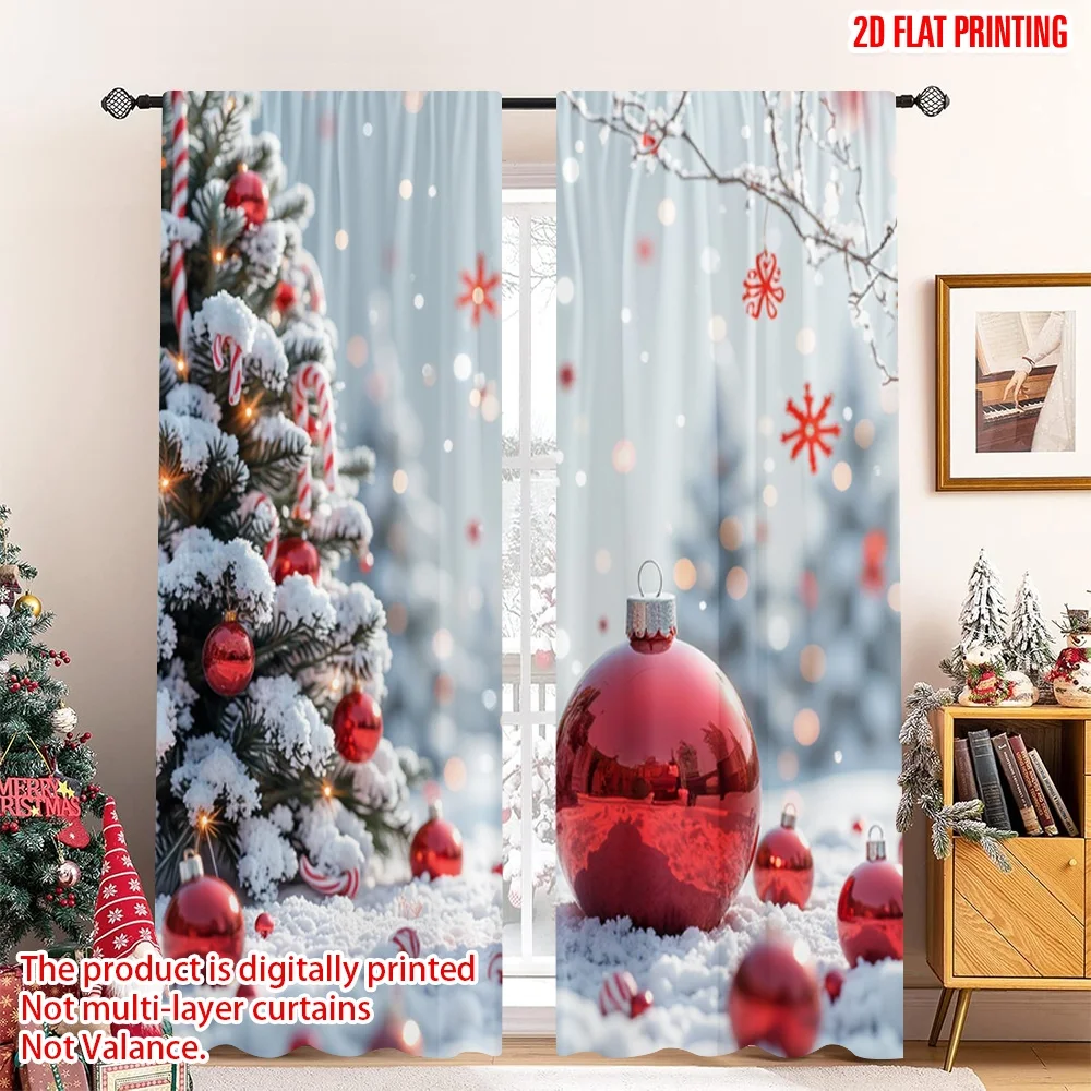 

2pcs 2D flat printing Christmas Scene Curtain Candy Cane Snow Winter Wonderland Fabric Without Electricity Party & Holiday Decor