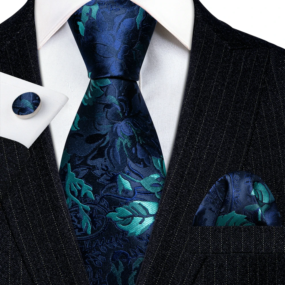 Jacquard Woven Ties for Men Blue Green Teal Leaves Floral Silk Neck Tie Handkerchief Cufflinks Set Wedding Gift Barry·Wang 5967