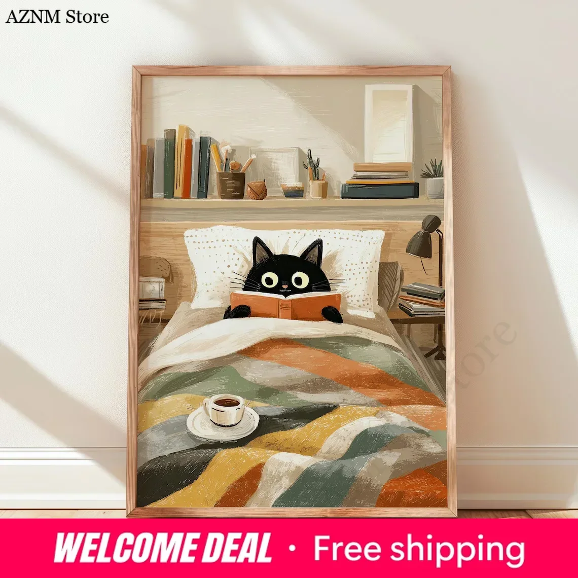 Black Cat Reading Print, Cozy Bookworm Bedroom Poster, Whimsical Literary Nook Decor