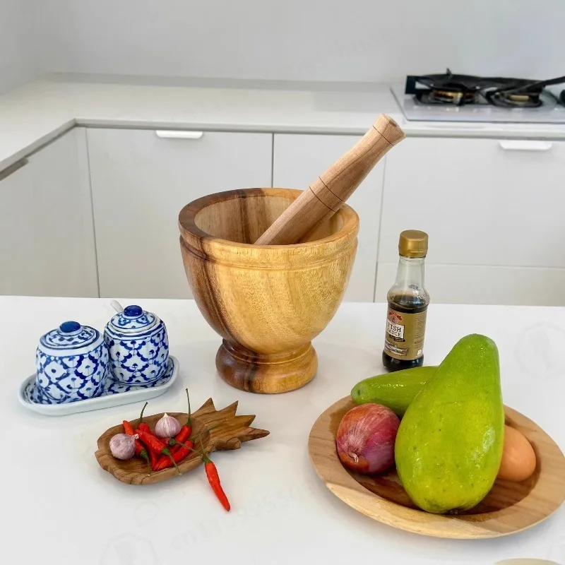 Natural Acacia Wood Mortar and Pestle Set Household Commercial Garlic Grinder Bowl for Thai Spices Herb Mashing Kitchen Tool