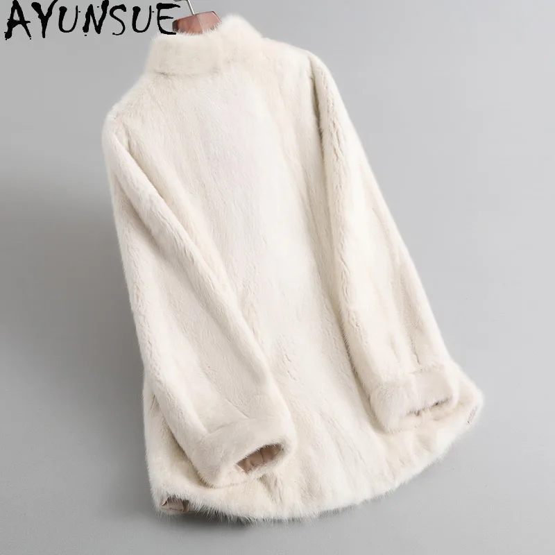 AYUNSUE Naturalna Kurtka z Futra Norki Damska Średniej Długości Stójka Prawdziwe Futro Płaszcz Damski Odzież Cała Norka 2025 Zima Шуба Женская