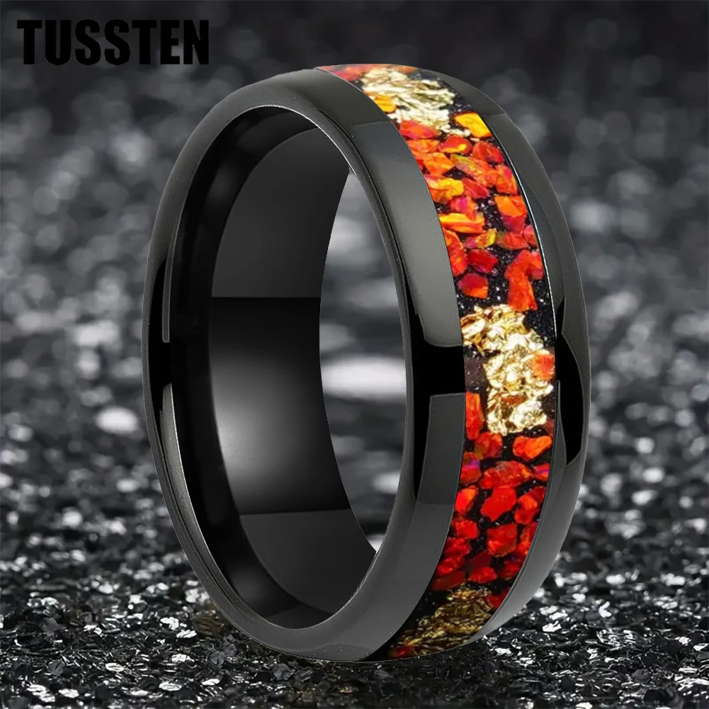 TUSSTEN 8MM Men\'s and Women\'s Wedding Ring with Orange opal and gold foil Stone Inset in the Middle Groove for