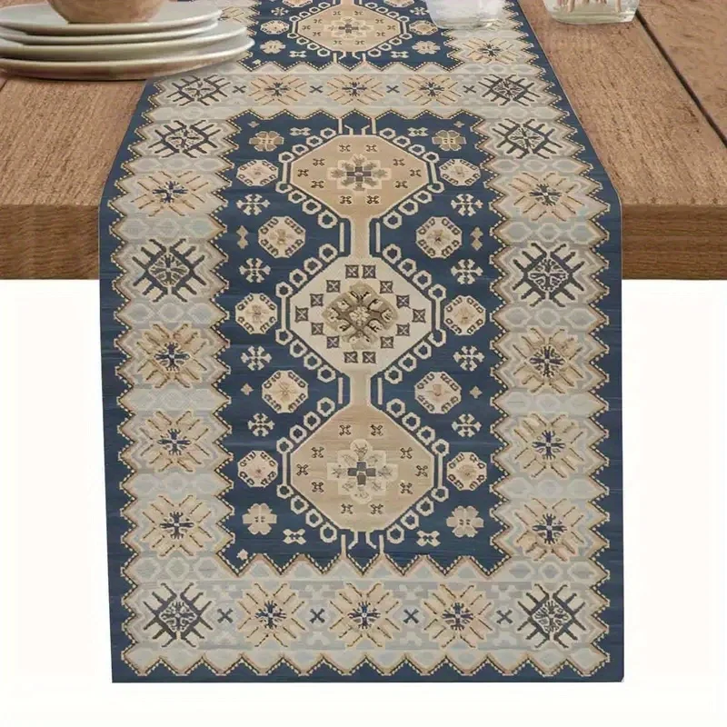 Böhmischer Vintage-Tischläufer |   Retro-geometrisches Design in Blau und Beige |   Dekor für Küche, Esszimmer, Party, Kommode und Tischplatte