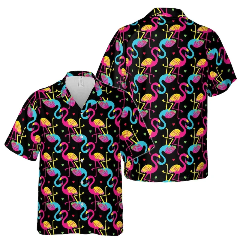 

Fashion Summer Palm Trees Print Shirts Unisex Asian Sport Graphic Tropical Hawaiian Lapel Short Sleeve Shirts Popular Flamingo
