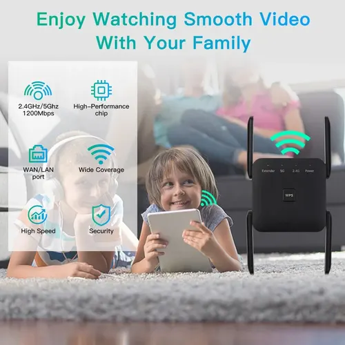 Imagen 2 del producto Repetidor WiFi de 1200Mbps, extensor de rango inalámbrico de 2,4 GHz/5GHz, amplificador de señal, enchufe europeo/estadounidense para oficina en casa