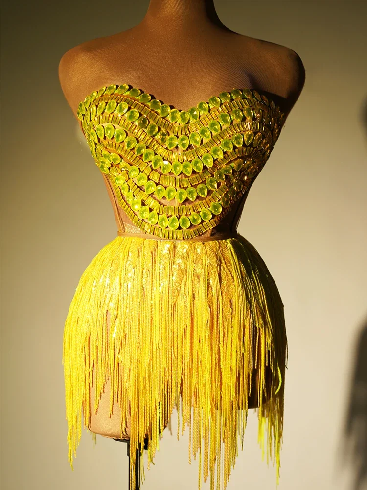 Shining Yellow  Crystal Sequin Tassels Women Dress Transparent Mesh Party Wear Evening Prom Outfit Jazz Sing Dance Stage Costume