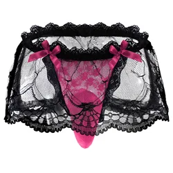 Mens Exotic Crossdresser Sissy Frilly Lace Skirted Thong Panties Bulge Pouch Underpants T-Back Hip Lifting Briefs Transvestite