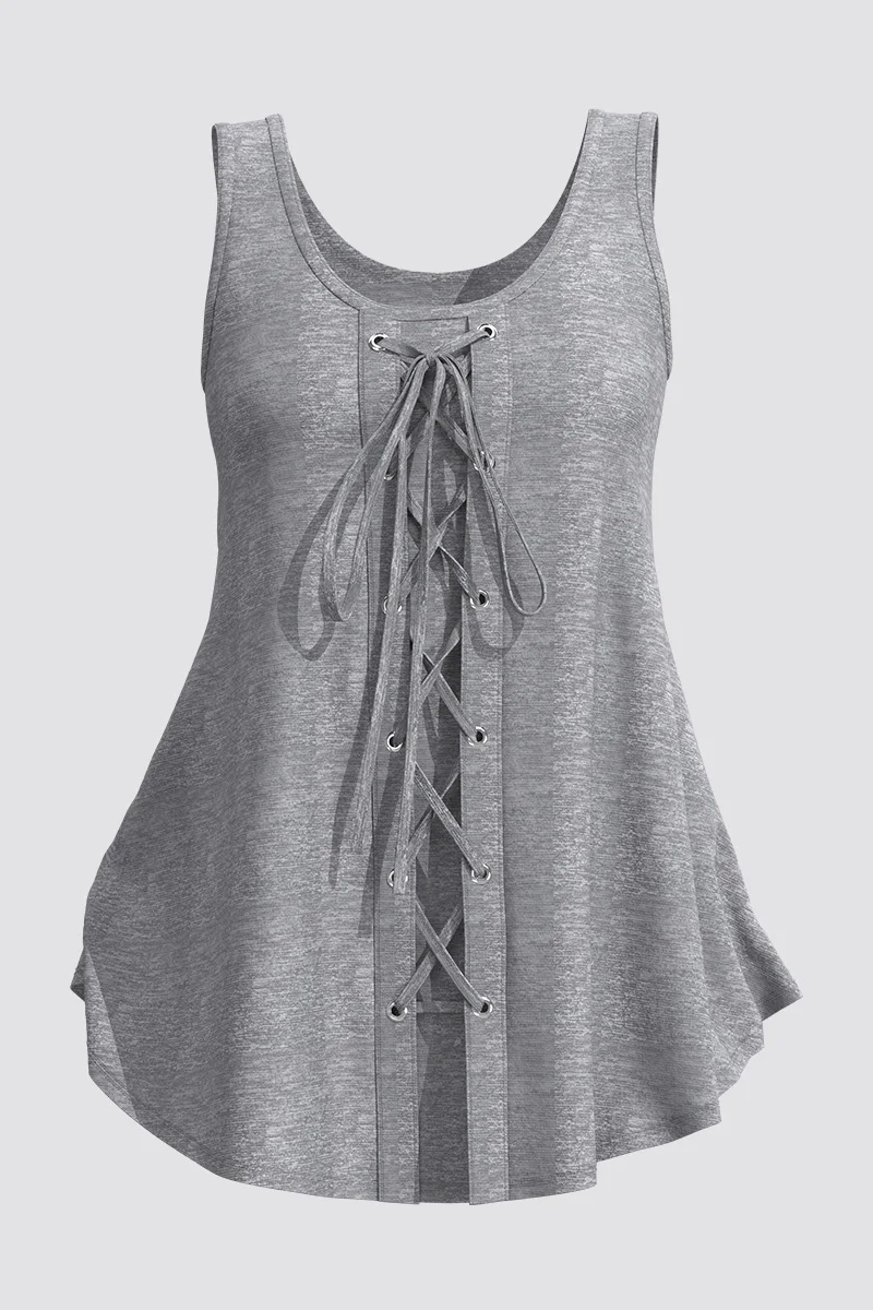 Damski podkoszulek Plus Size Casual Grey Eyelet Washer Lace-Up Tank Top bez rękawów Średni stan Vintage Okrągły dekolt Letni podkoszulek 2024