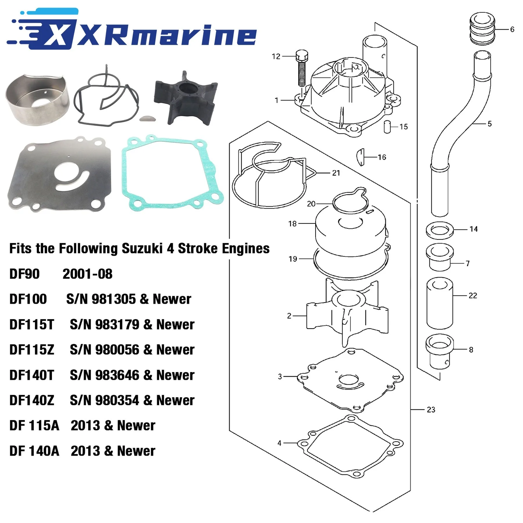 17400-92J21 for Suzuki Outboard Engine 4 Stroke 90 100 115 140 HP DF90 DF100 DF115 DF140 Motor Water Pump Repair Kit 17400-92J23 view 3