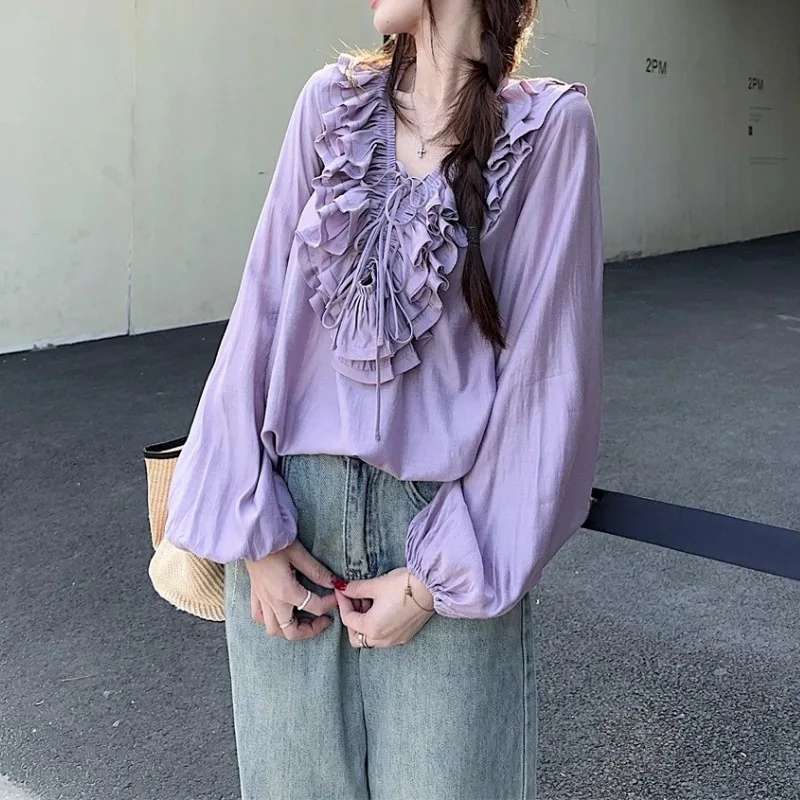 

French High-quality Ruffled V-neck Shirt Female Purple Long-sleeved Shirt