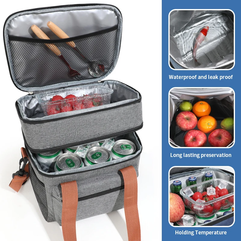 Insulated Large Capacity 12L Cooler Bag Lunch Shoulder Cold Storage Dual Layer for Containers Leakproof Oxford Foldable Gym Tote
