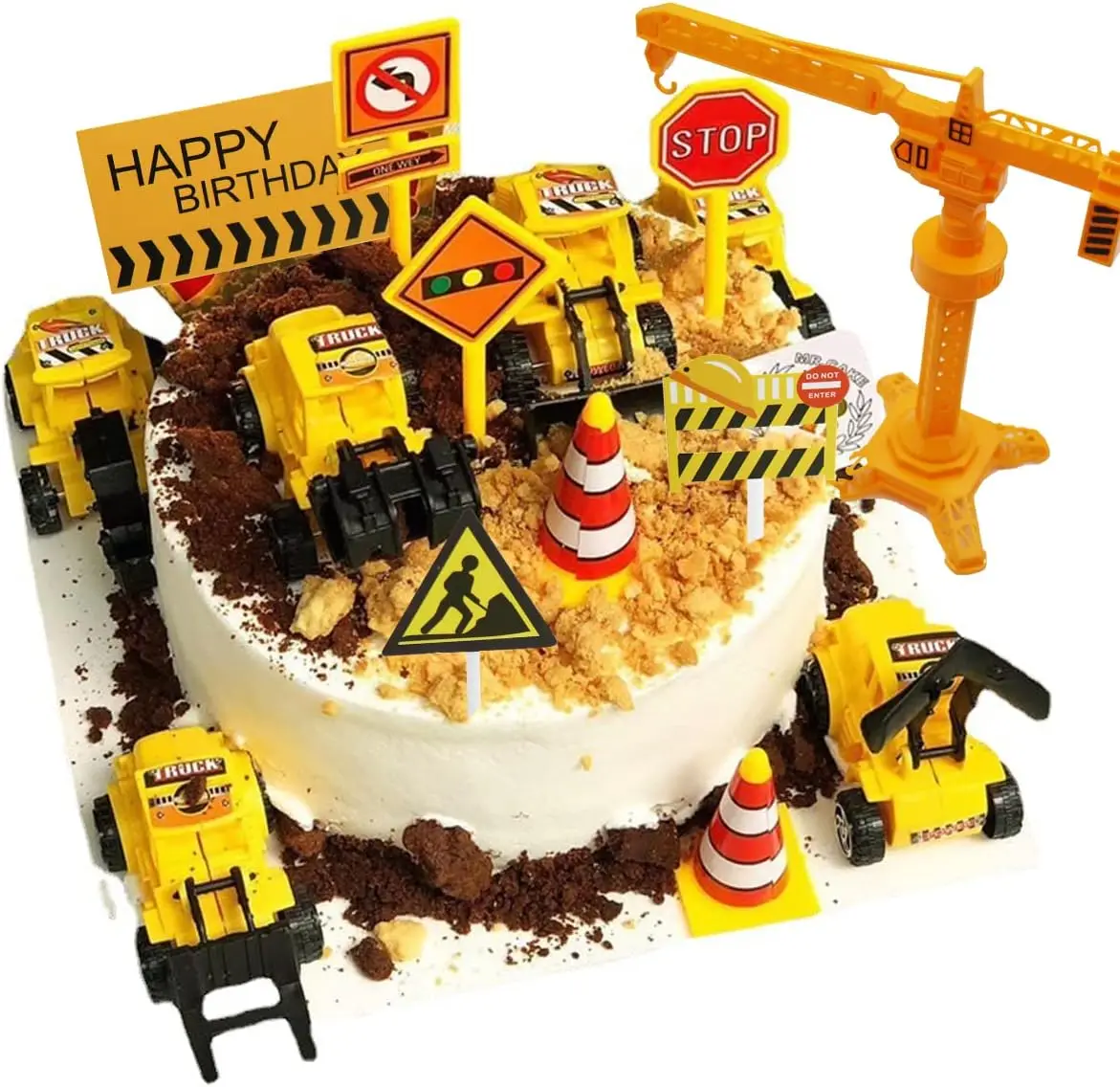 18 PCS Construction Cake Toppers Vehicles Cake Decoration Set Excavator Tower Crane Cupcake Topper Traffic and Road Sign Decor