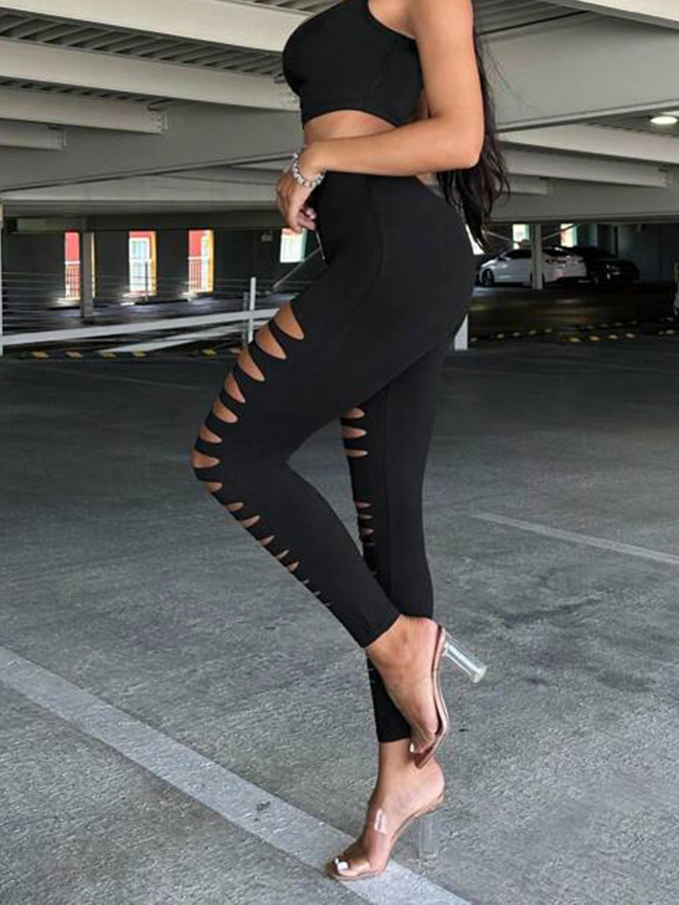 European-style Irregular Ripped Leggings Solid Color Circular Zipper Nine-quarter Pants High Stretch Personality Ripped Leggings