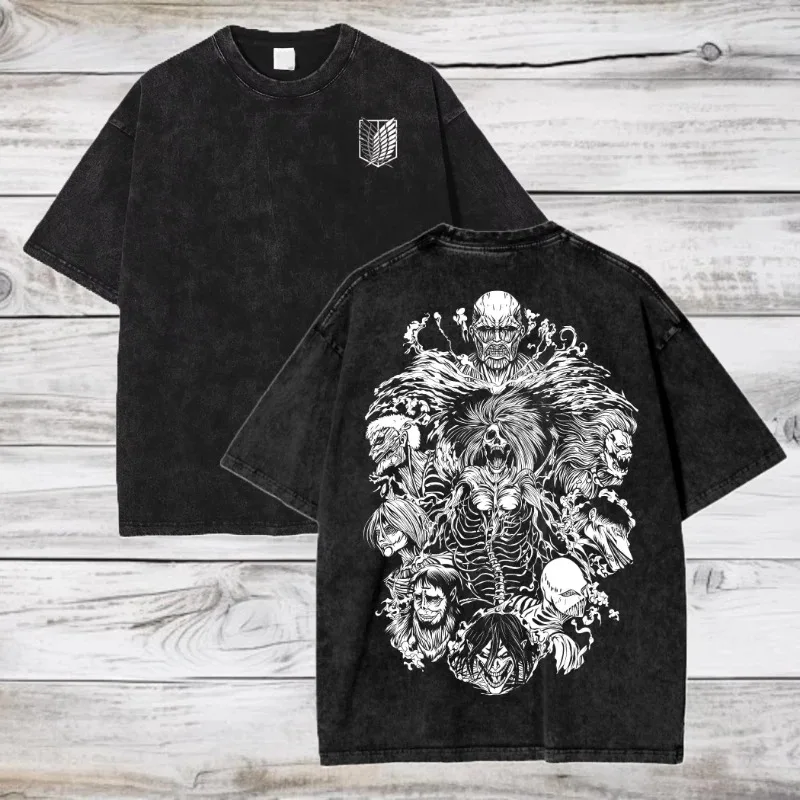 Camiseta de ataque a los Titanes Temporada 3 del regimiento de exploradores, camiseta lavada de Anime, camiseta gráfica de talla grande, camisetas informales de algodón Unisex