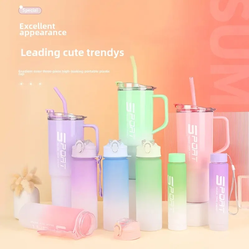 

color changing cups Plastic cup gradual change three-piece set 40oz portable water cup large straw cup outdoor kettle