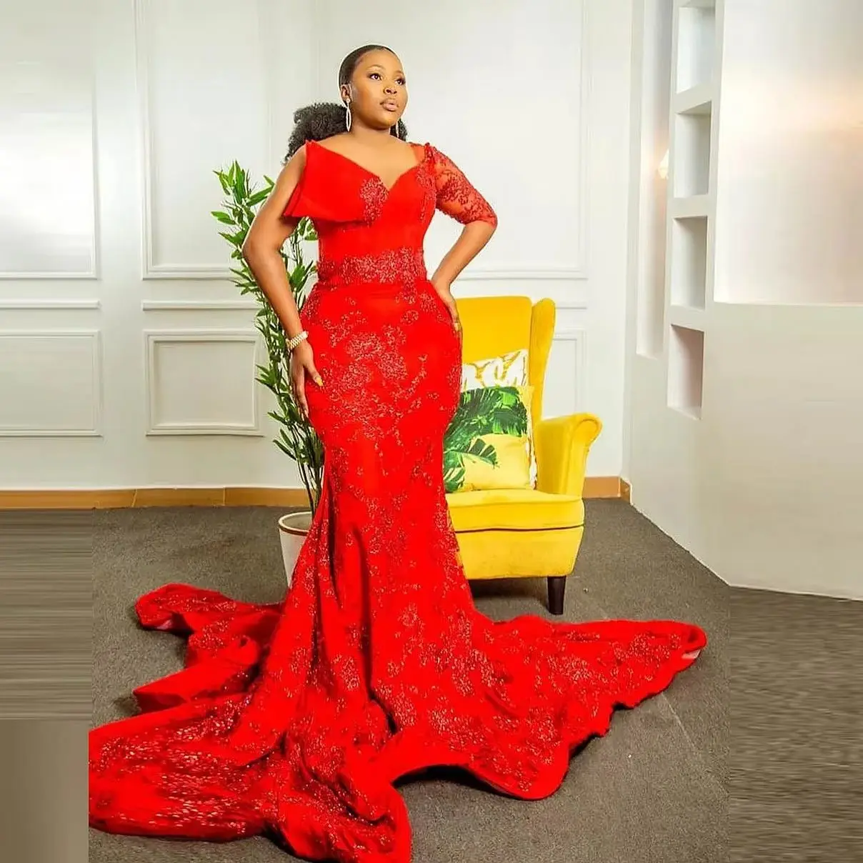 Red Lace Aso Ebi Prom Dress with Short Sleeves Long Satin Mermaid Evening Gown for plus Size African Women Wedding Reception