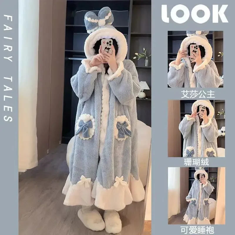 Disney Stitch Pajamas Women Winter Nightgown Long Cute Thickened Warm Gown Set Comfortable Hooded Sleepwear Suit Girls Gifts