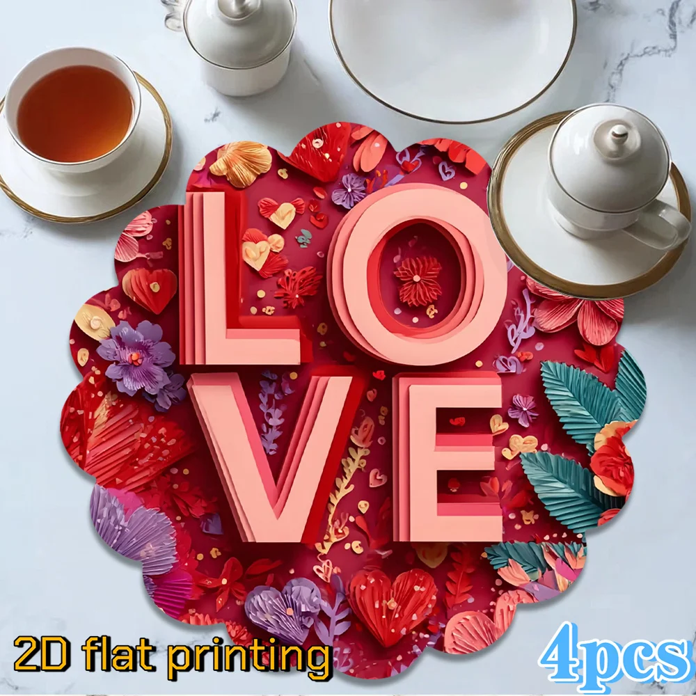 

VIKAMA 4/6pcs LOVE Themed Placemats With Wavy Edges, Machine Washable, Valentine's Day Gift Commemorative Day Table Decoration