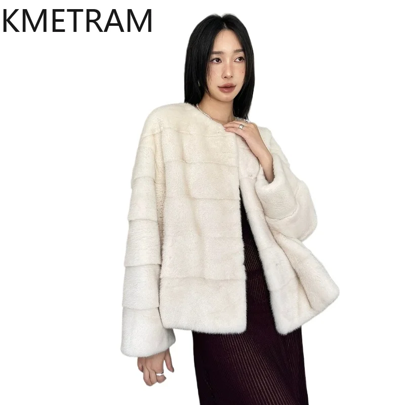 

KMETRAM Natural Mink Fur Jacket Women Luxury O-Neck Winter Outerwear Premium Real Fur Coat Woman Clothing 2026 casaco de pelo
