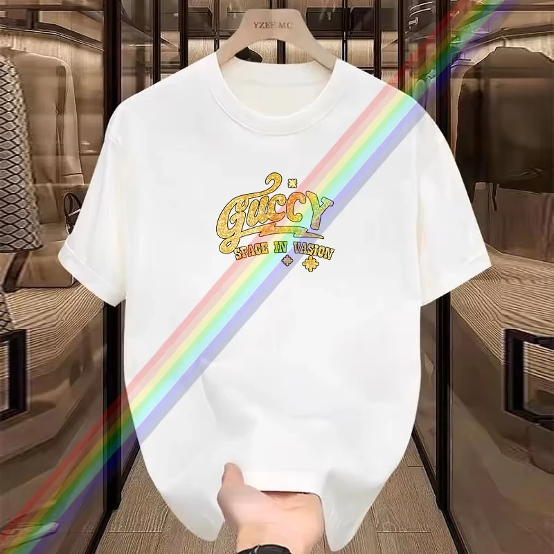 

Summer New Gold Font Printing T-shirt 2025 Men's and Women's Pure Cotton Round Neck Luxury Casual Trend Y2K Top