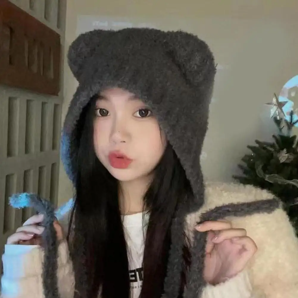 Cute Girl Knit Bear Ear Protection Hat Women Earmuffs Cap Woolen Crochet Bonnet Solid Color Hood Beanies Winter Warm Headgear 모자