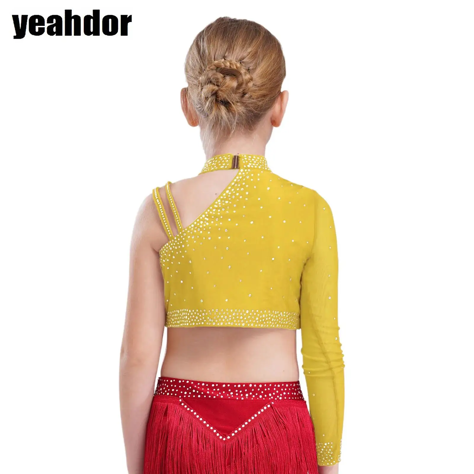 

Girls Jazz Dance Outfits Rhinestones Tops One Shoulder Crop Top with Feather Briefs Lyrical Latin Salsa Performance Dancewear