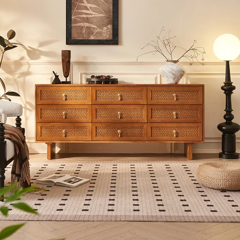 

New Chinese-style solid wood chest, antique rattan nine chest, modern simple home restaurant, ash wood dining side cabinet