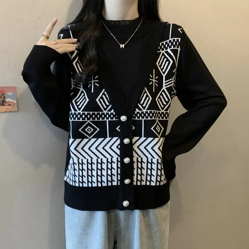 2024 Spring and Autumn New Large Fake Two piece Thousand Bird Grid Sweater Casual Versatile Shoulder Knitted Top for Women