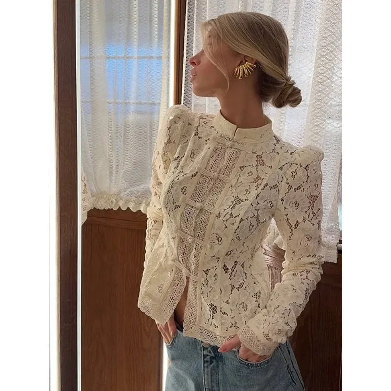 

Summer new fashion temperament commuter lace crochet stand-up collar slim design shirt women's clothing
