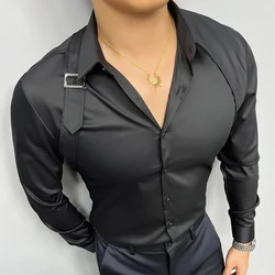 2024 Fashion Shoulder Strap Splicing Metal Button Design Shirts Men Social Tuxedo Dress Shirt Men Slim Fit Long Sleeve Shirt