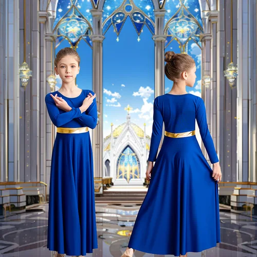 Vestido de baile de alabanza para niña, Ropa de baile de iglesia holgada de manga larga, traje de adoración litúrgica de longitud completa metálico, vestido de baile