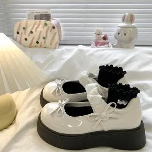 

Girls Leather Shoes for Wedding Party Fashion Princess Glossy with Bowtie Kids Black Mary Janes Ruffles Sweet Anti-skid Soft New