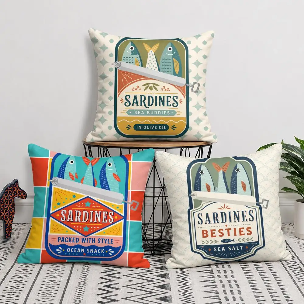 Cushion Cover Sardines in A Tin with Striped Short Plush Soft Double-Sided Printing Pillow Case Cozy Sofa Bedroom Home Decor