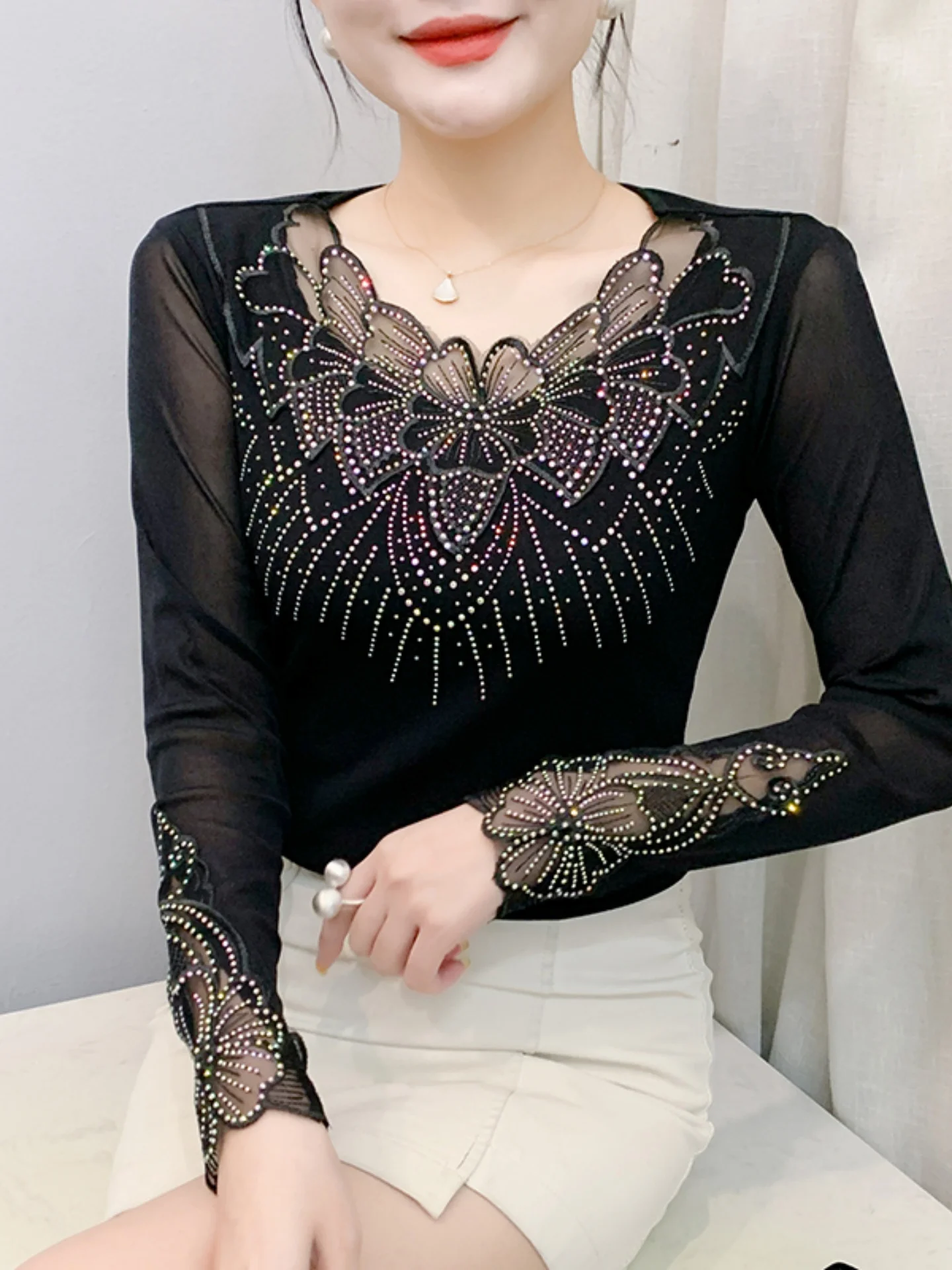 Fashionable Heavy-Duty Rhinestone Long Sleeve Women's T-Shirt Mesh Upper Body Shirt Stylish Inner Wear Base Shirt for Spring ...