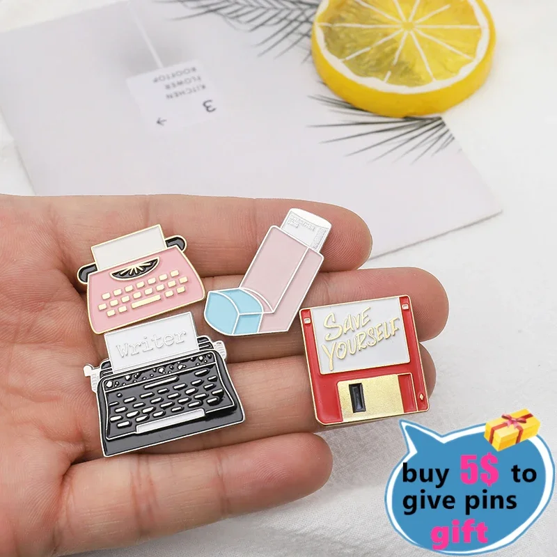 Wholesale Classic CD Breather Inhaler Memory Card Printer Machine Fax Enamel Pins Brooches Lapel Pins Cartoon Gifts for Friends