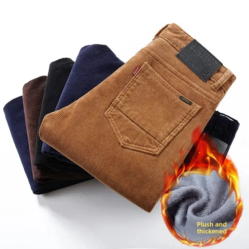 Thickened Fleece Lined Corduroy Pants Men's Casual Straight Leg Winter Warm Dad Pants Comfortable Loose Fit Autumn Winter