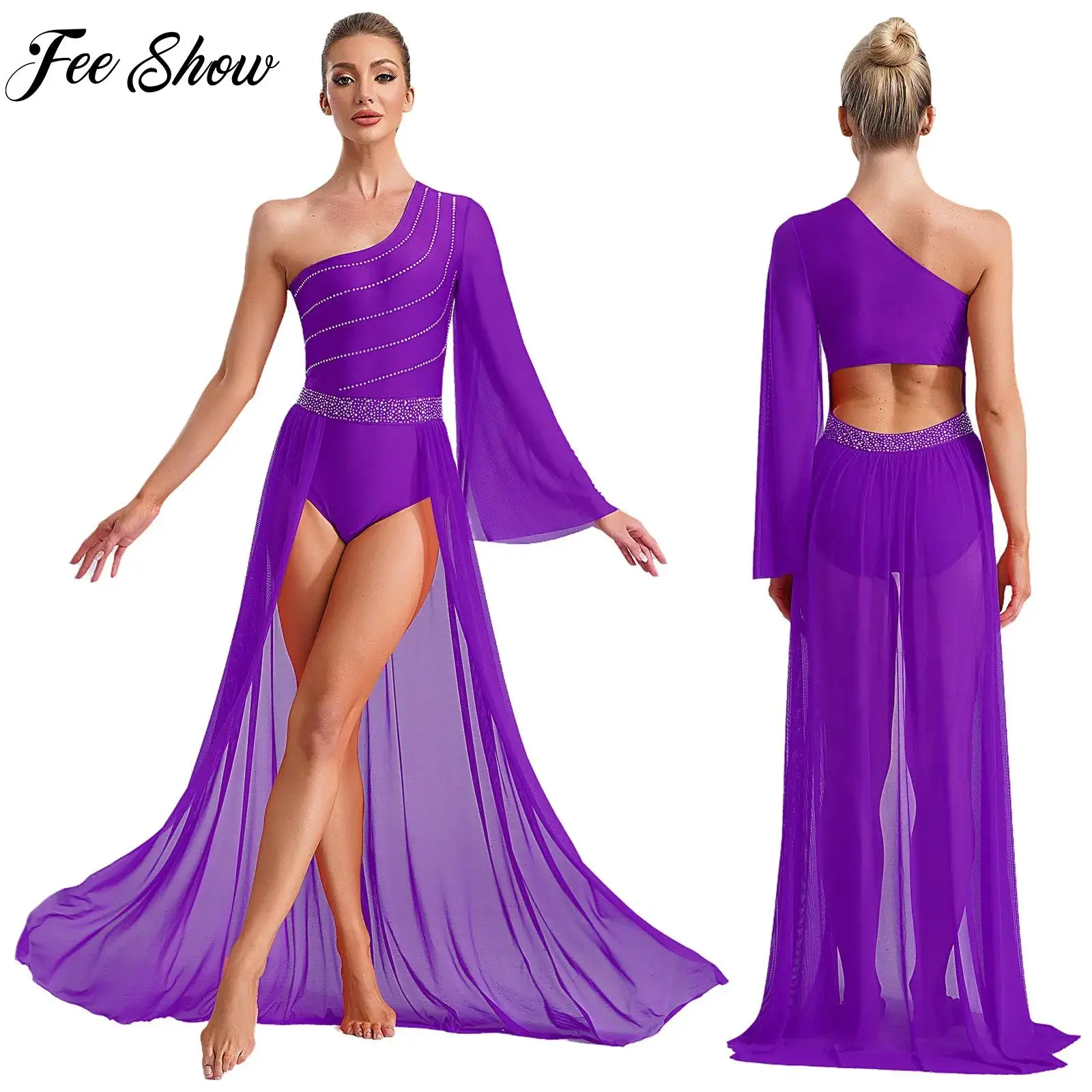 

Sparkly Rhinestones Lyrical Dance Dress for Womens One Shoulder Dress Modern Contemporary Dancing Gymnastics Performance Costume