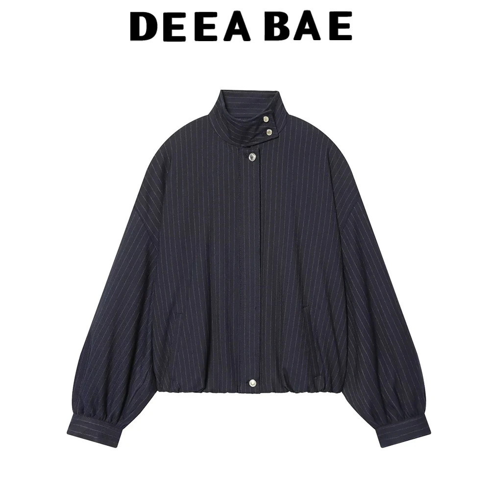 

DEEABAE Winter new women's pocket trimmed stand up collar long sleeved slim striped pilot jacket jacket