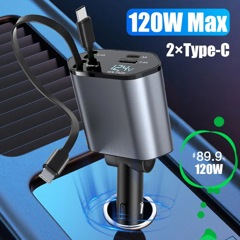 New 120W Dual Type-C Retractable Digital Display Car Charger 4-in-1 Fast Charge Auto Charger Cars Cigarette Lighter Adapter