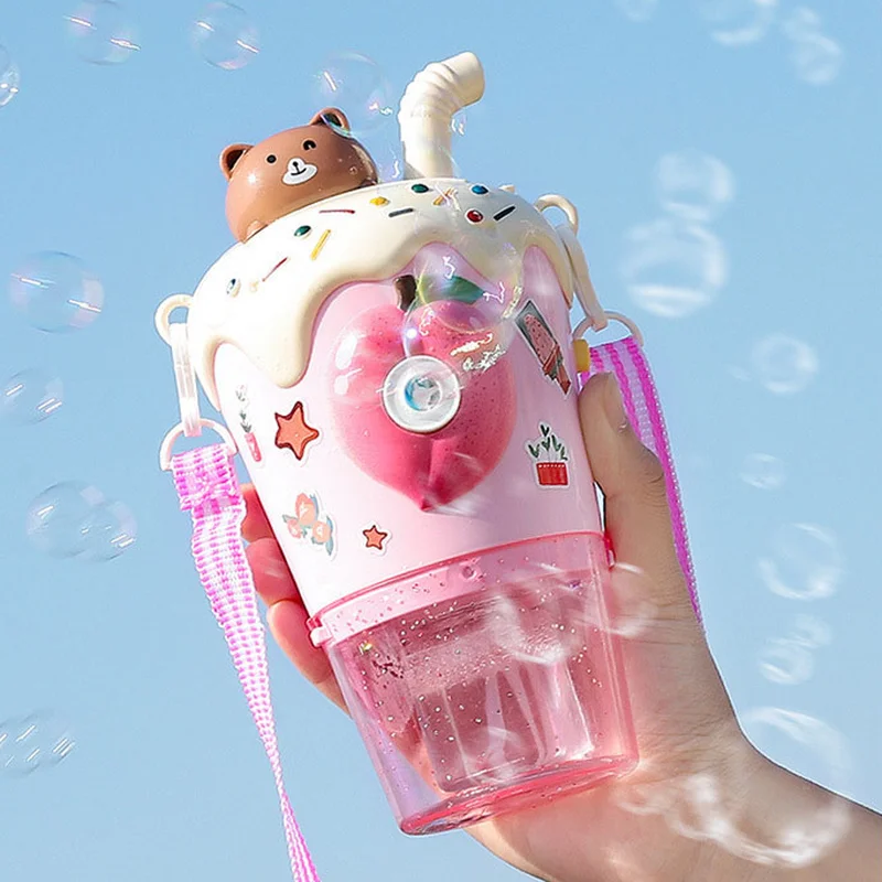 Milk Tea Cup Cute Cartoon Automatic Bubble Machine DIY Sticker Handheld Light Bubble Machine Children's Electric Toys