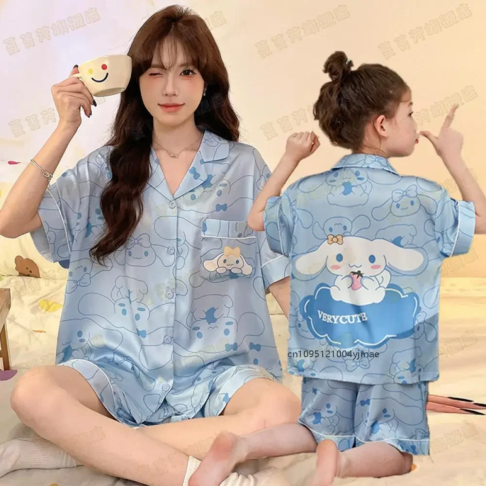 

Summer Cinnamoroll Hello Kitty Parent-Child Pajamas Set Anime Cartoon Girls Lapel Ice Silk Short Sleeve T-Shirt Shorts Homewear