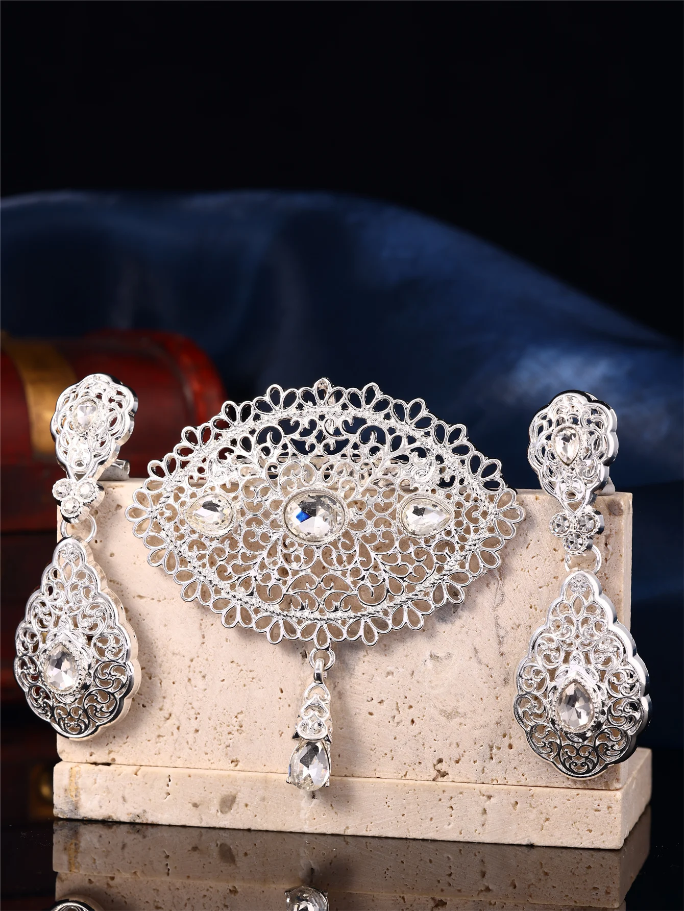 Moroccan Women's Brooch And Earring Set, Hand-Carved Brooch, Rhine Stone Earrings, Wedding Jewelry For Brides image 5