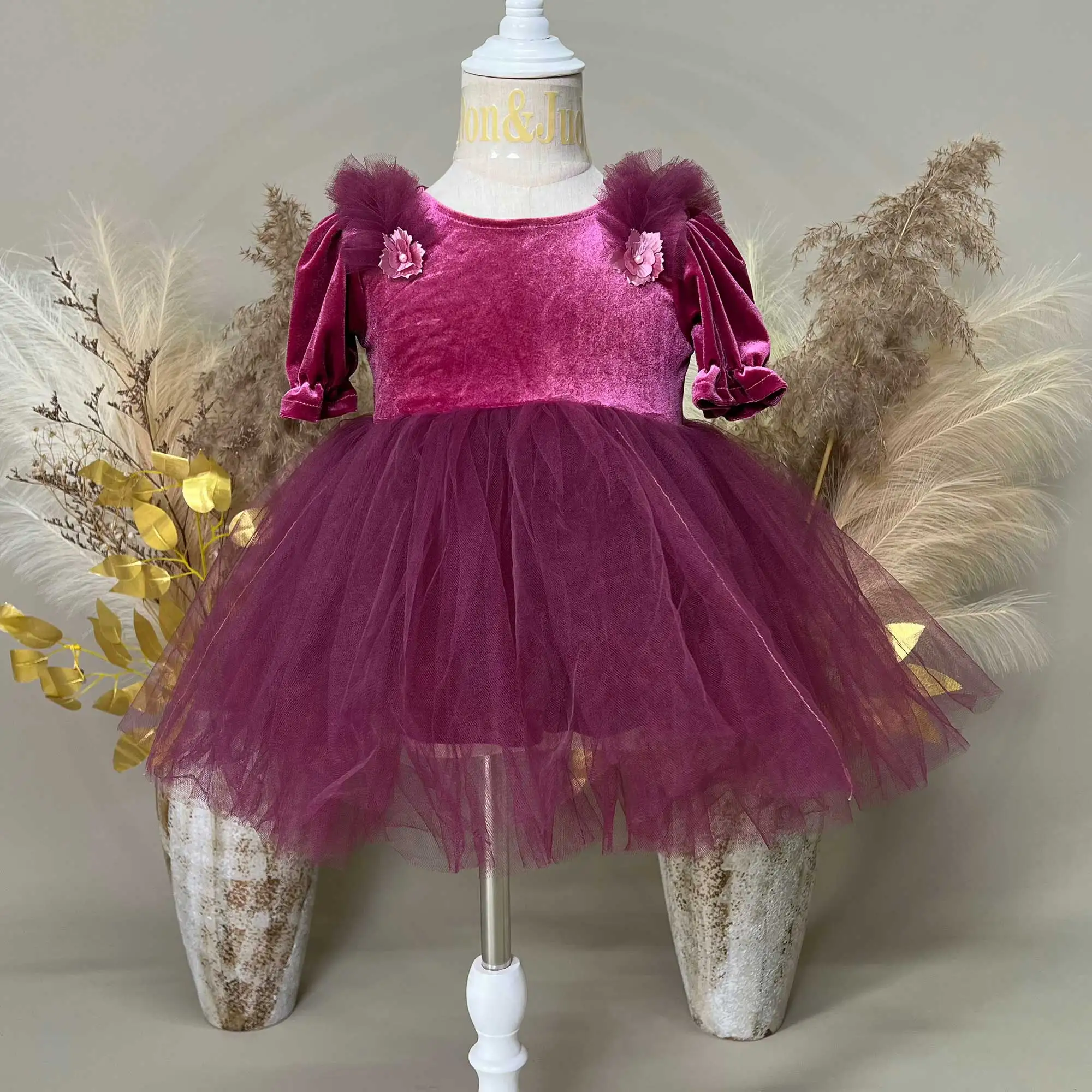 Vestido de veludo com gola redonda e mangas bufantes, saia bufante de organza empartida, fantasia de menina, roupa infantil, aniversário, outono, primavera