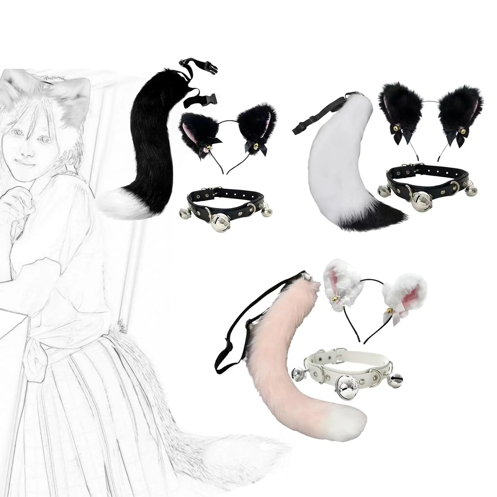 Cat Ears and Tail Set Creative Hair Hoop Comfortable Costume Set for Themed Party Festivals Celebrations Stage Show Holidays