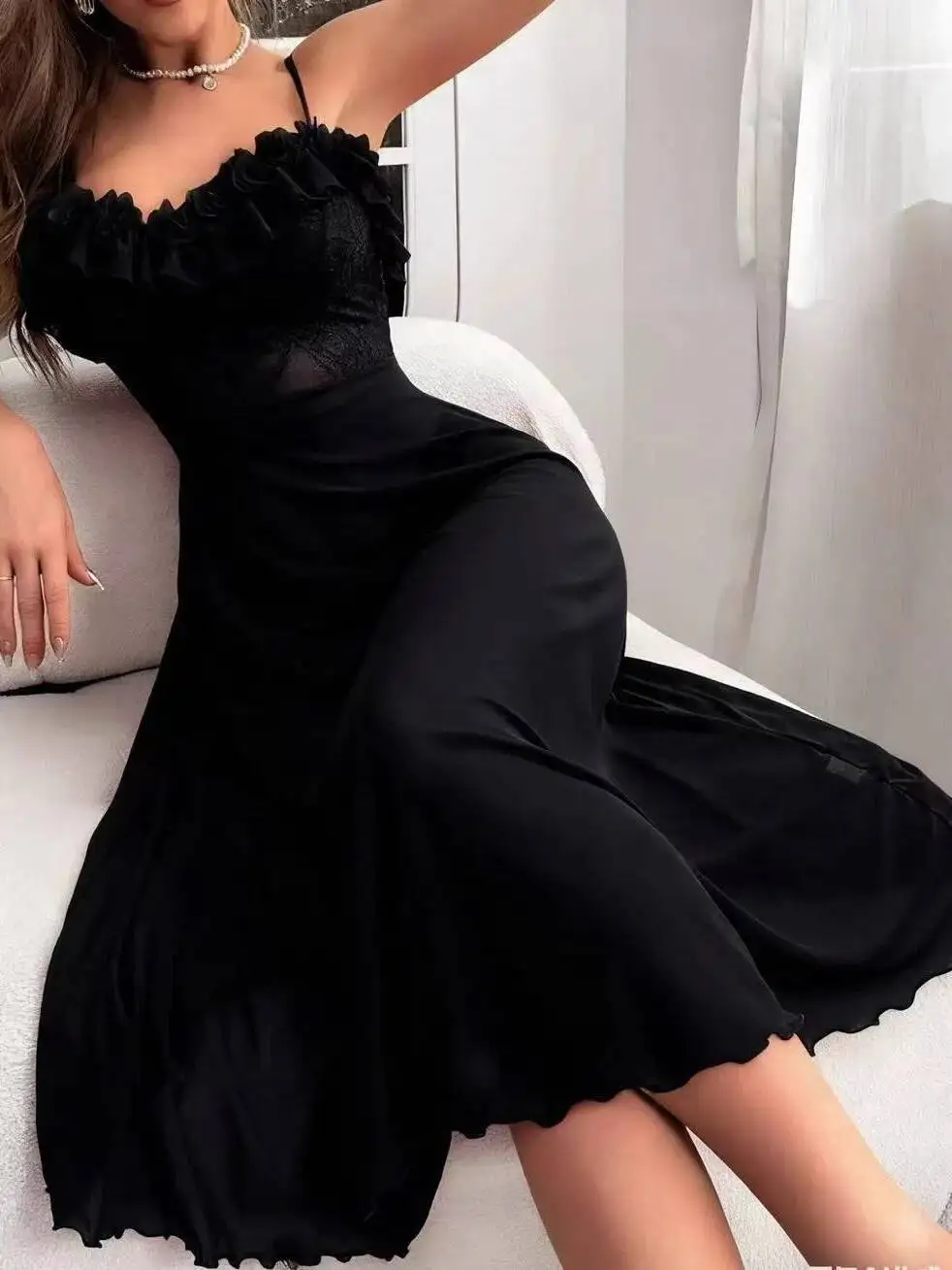 2025 nuevo vestido largo con tirantes divertidos para el hogar con encaje de Color sólido elegante vestido largo informal de Color sólido con correas vestido sin mangas DP4M